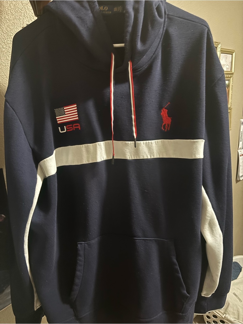 Ralph Lauren Navy Pullover Hoodie with USA Flag and Red Pony